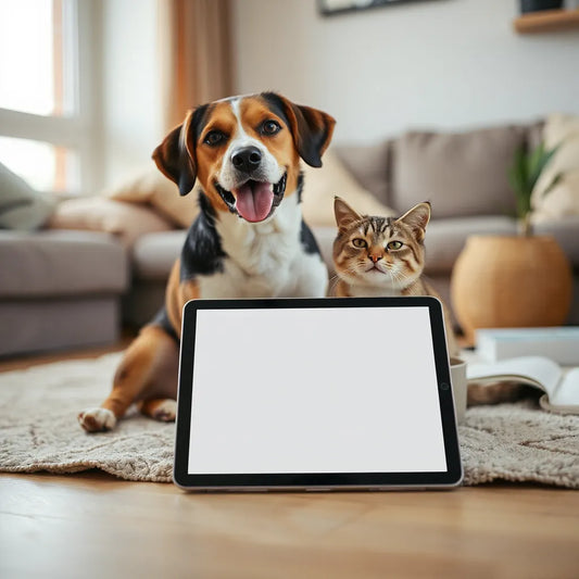 Dog and cat sitting together with a tablet showing blank portrait options in a warm, cozy room
