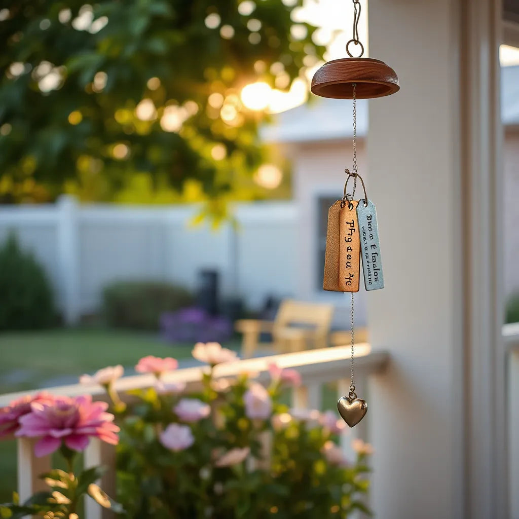 Handcrafted memorial wind chime with dangling metal tags hanging from a porch railing in a garden at sunset