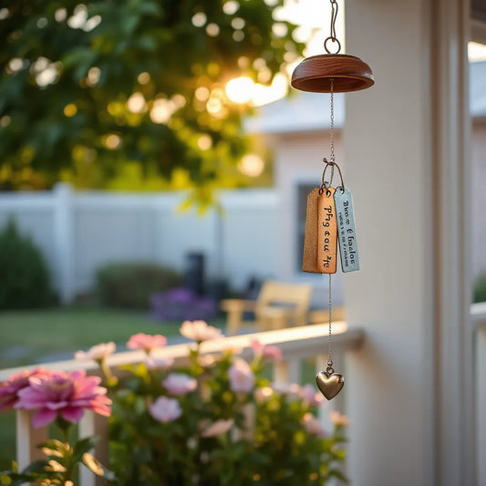Handcrafted memorial wind chime with dangling metal tags hanging from a porch railing in a garden at sunset