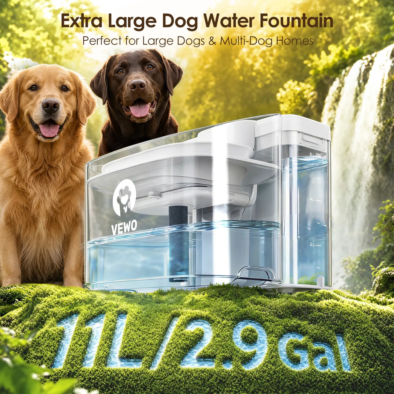 VEWO 11L No Spill Dog Water Fountain - Ideal for Large Breeds & Multi-Pet Homes, BPA Free, Ultra Quiet, 7-Day Refill-Free Convenience!