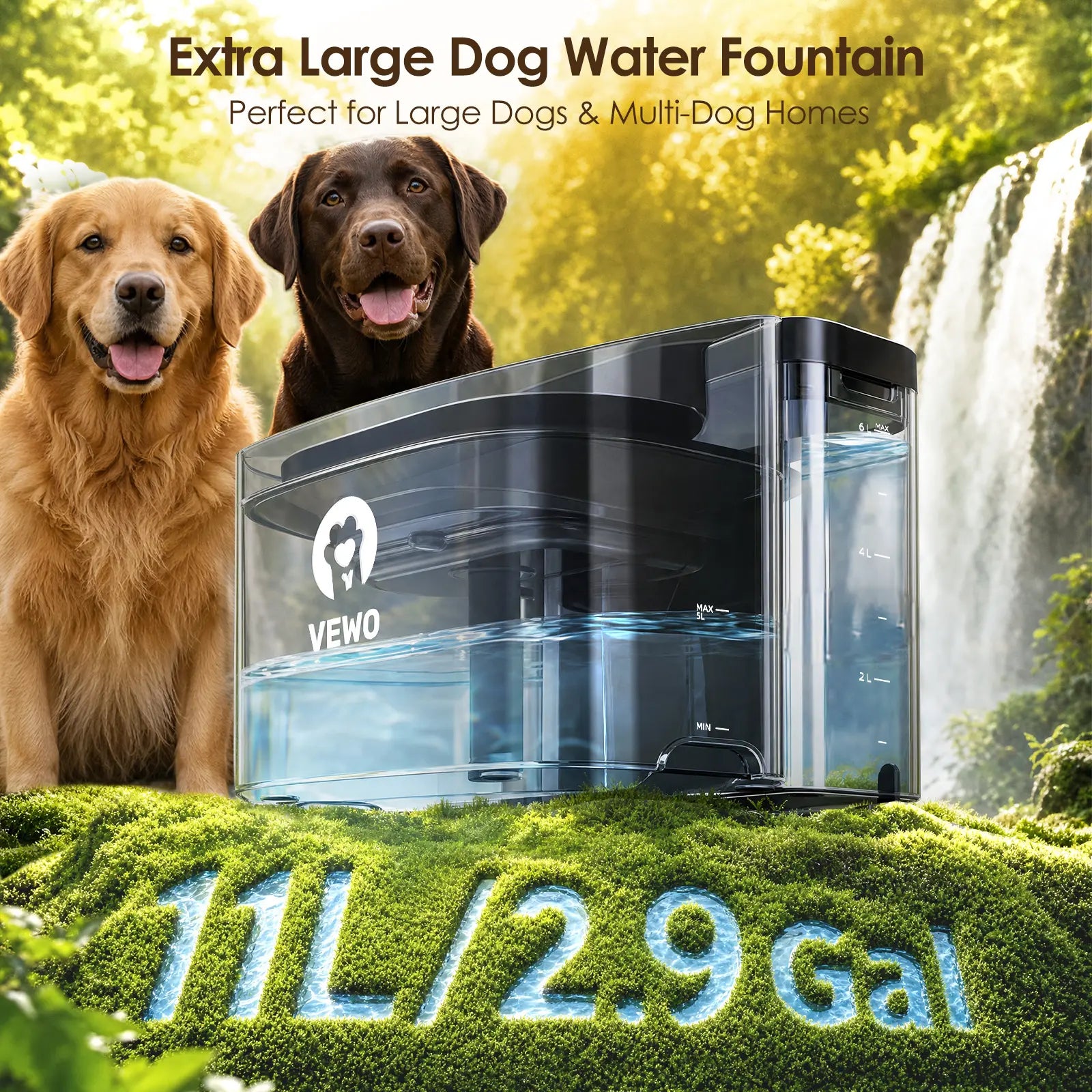 VEWO 11L No Spill Dog Water Fountain - Ideal for Large Breeds & Multi-Pet Homes, BPA Free, Ultra Quiet, 7-Day Refill-Free Convenience!