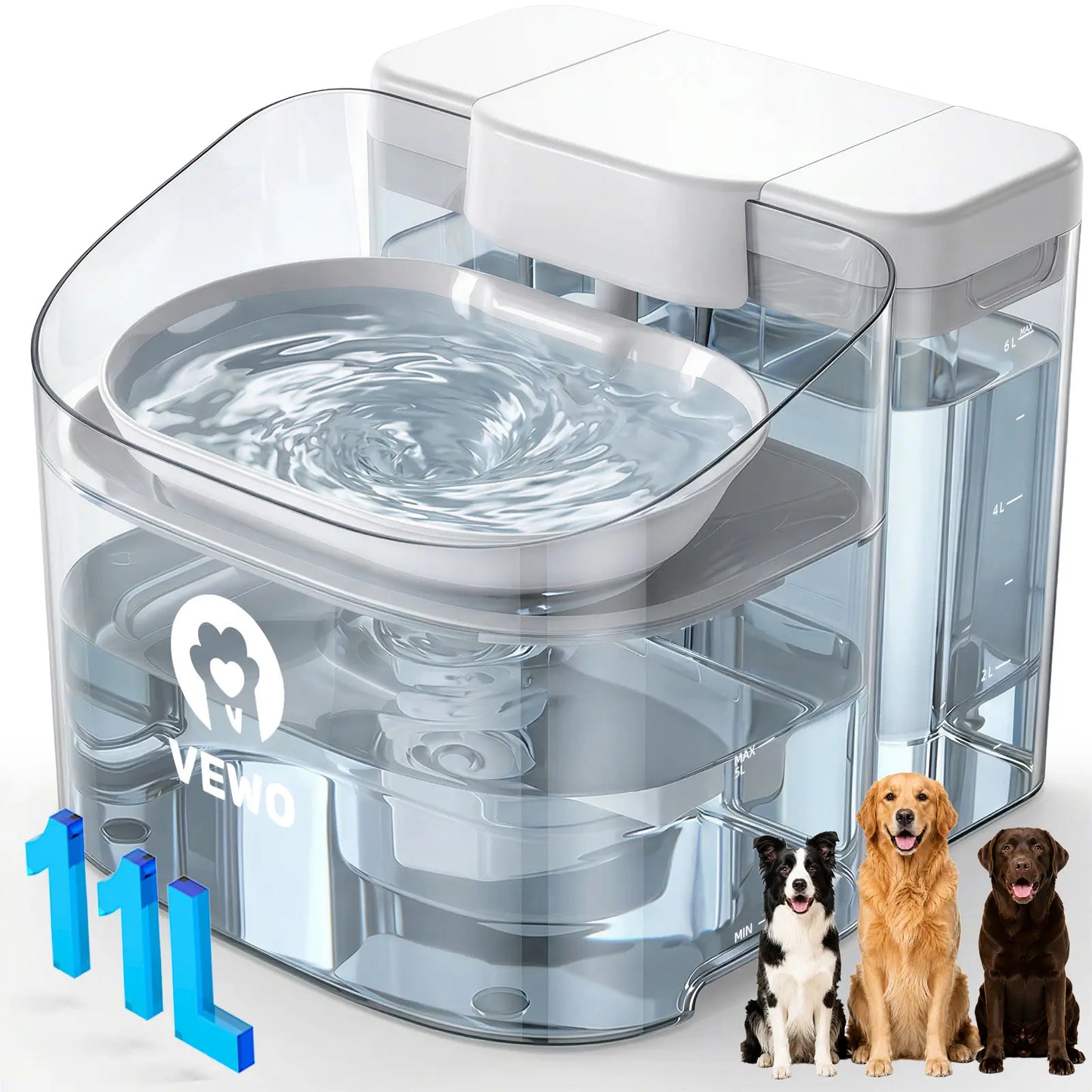 VEWO 11L No Spill Dog Water Fountain - Ideal for Large Breeds & Multi-Pet Homes, BPA Free, Ultra Quiet, 7-Day Refill-Free Convenience!